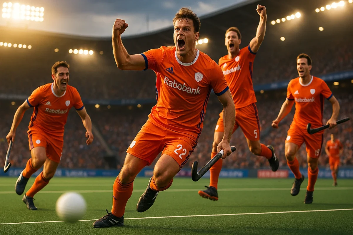 Nederlandse hockeyspelers vieren een doelpunt tijdens het EK Hockey 2025