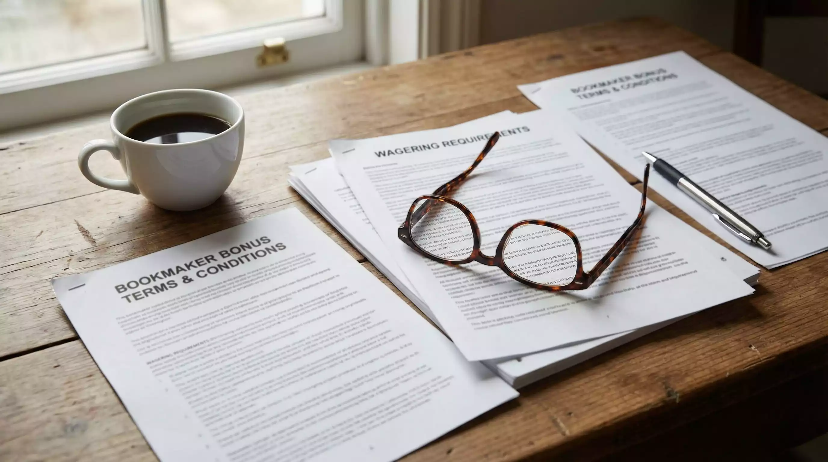 Document met voorwaarden en tekst naast een kopje koffie