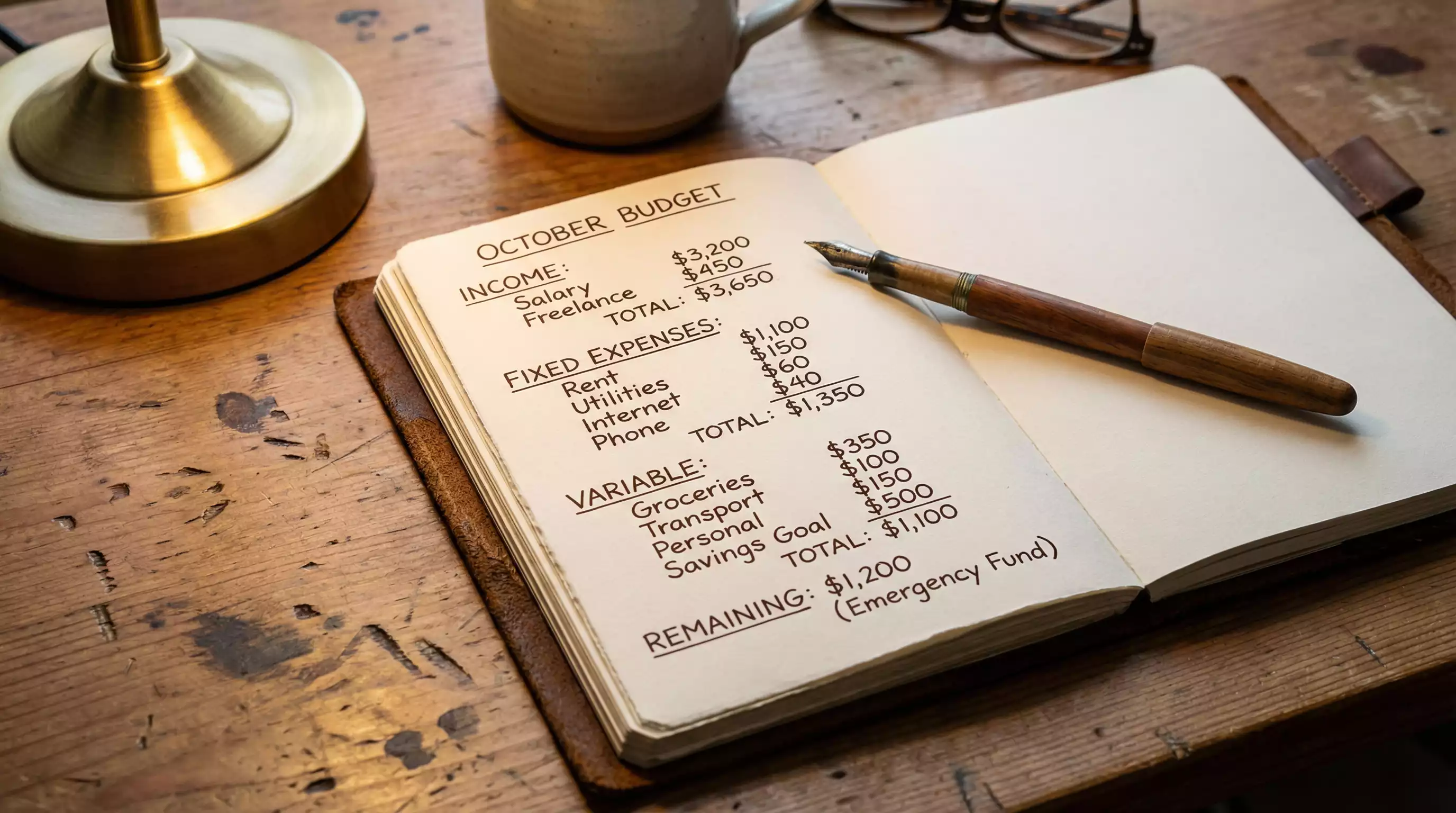 Notitieboek met budget planning en pen op houten bureau