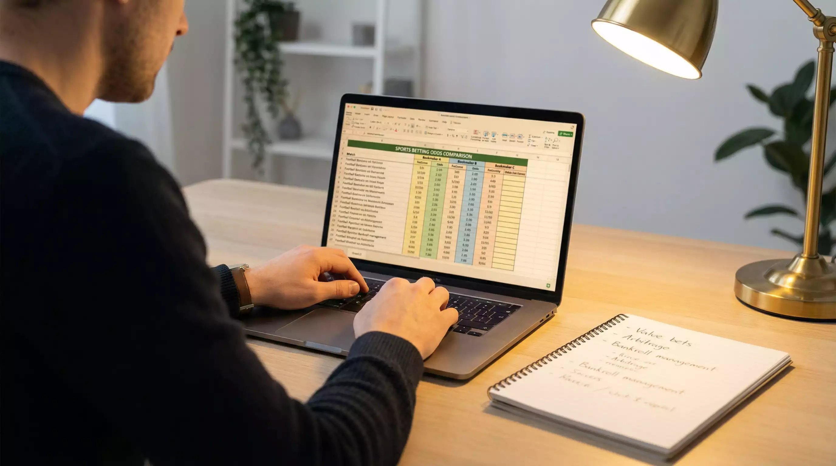 Persoon analyseert gegevens op laptop met notitieblok ernaast