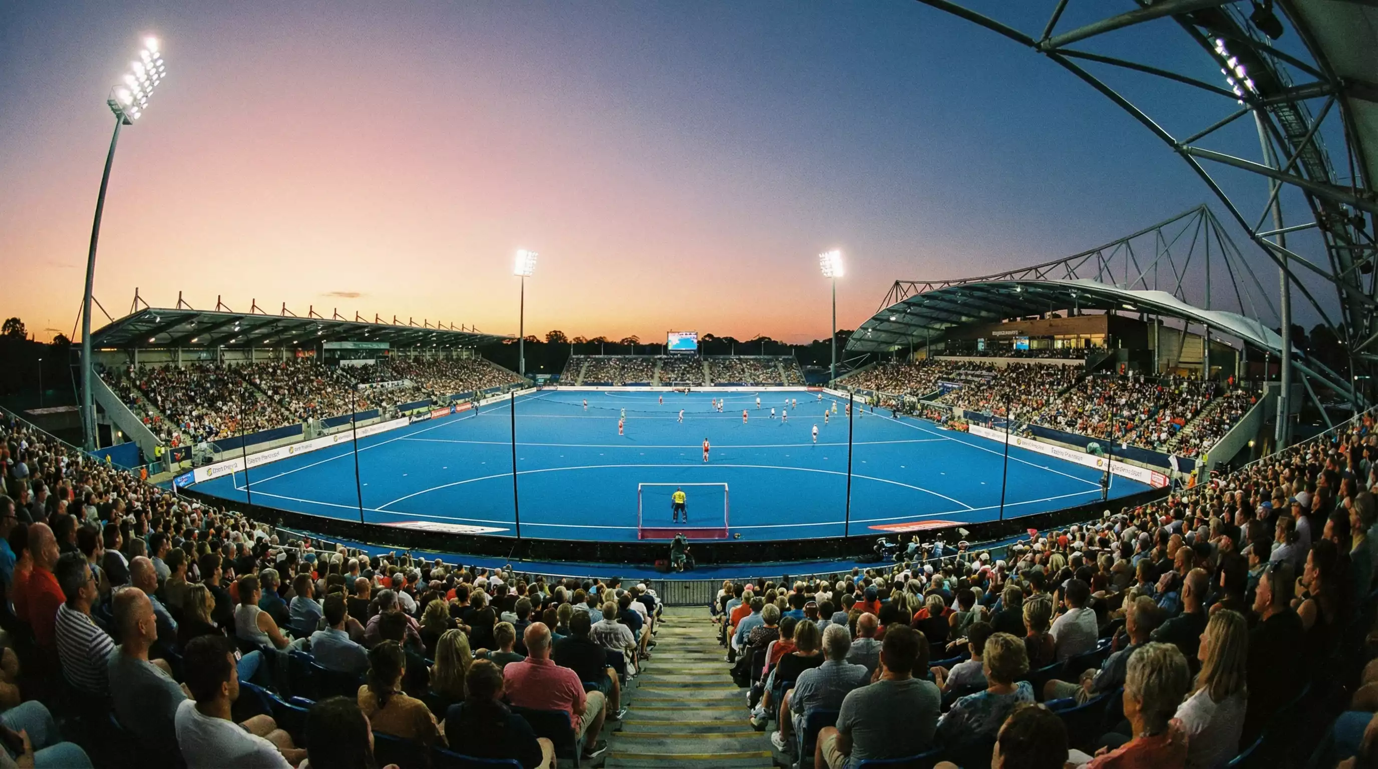 Hockey wedstrijd vanuit tribunes perspectief