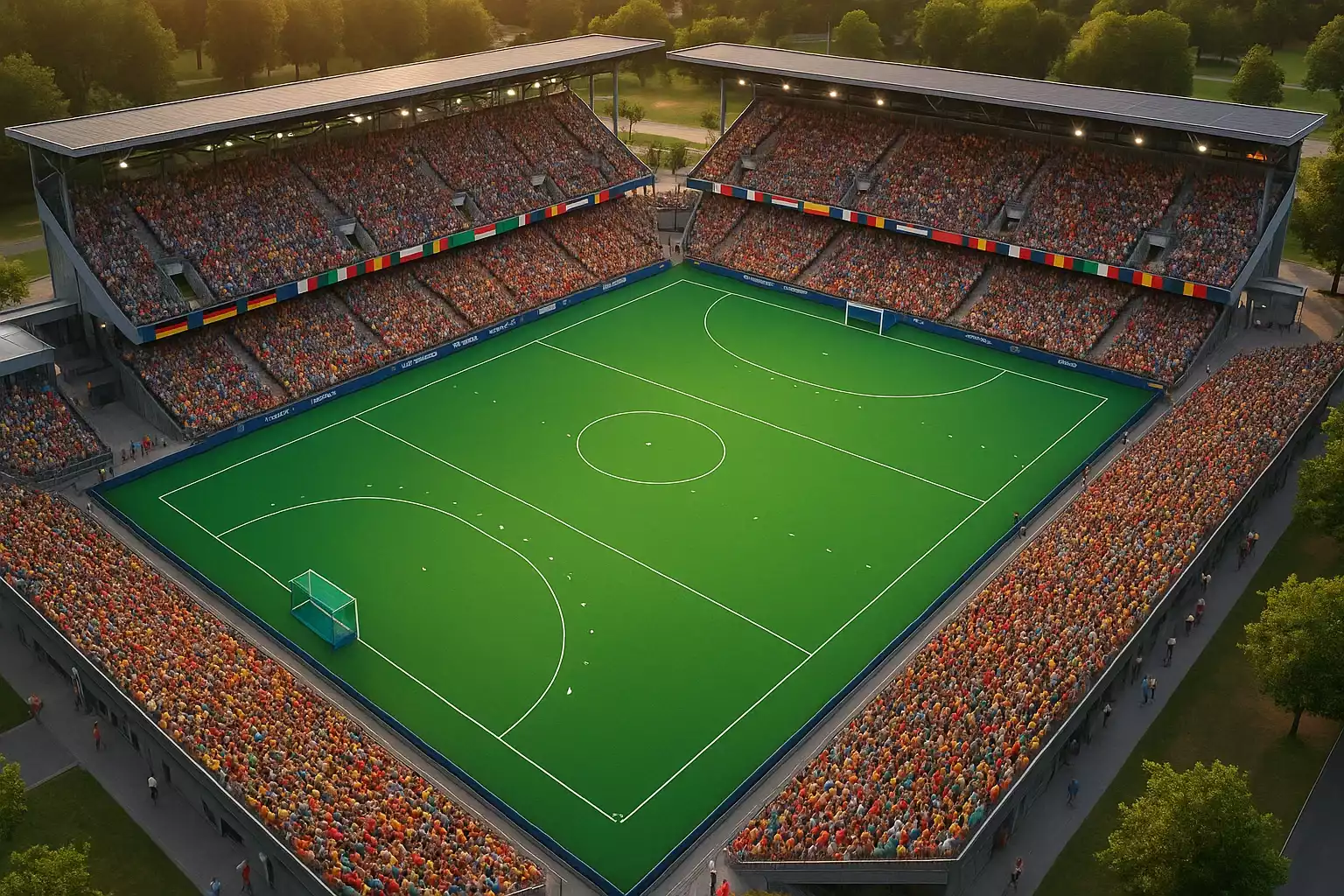 Luchtfoto van HockeyPark Mönchengladbach tijdens het EK Hockey toernooi
