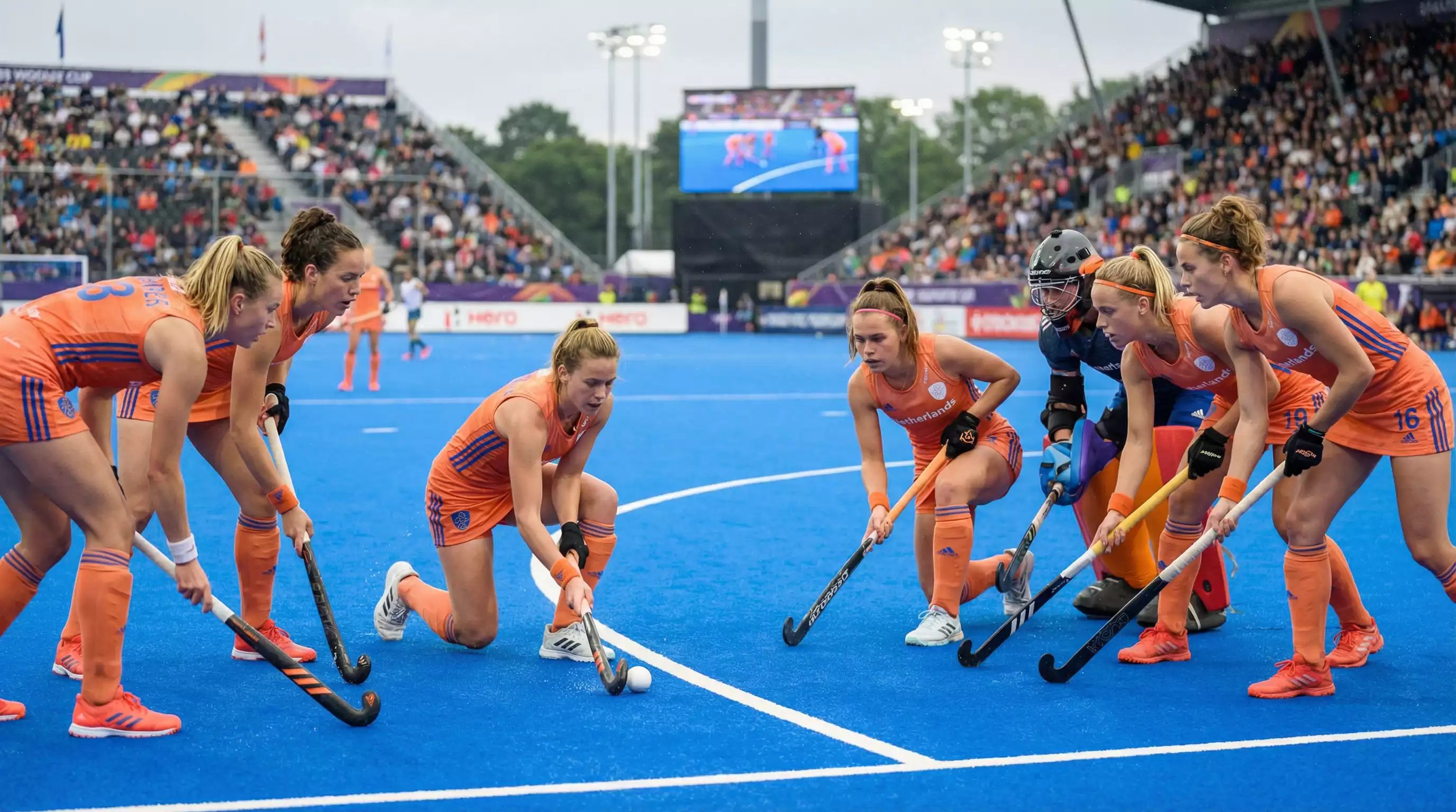 Strafcorner situatie bij het Nederlandse hockeyteam