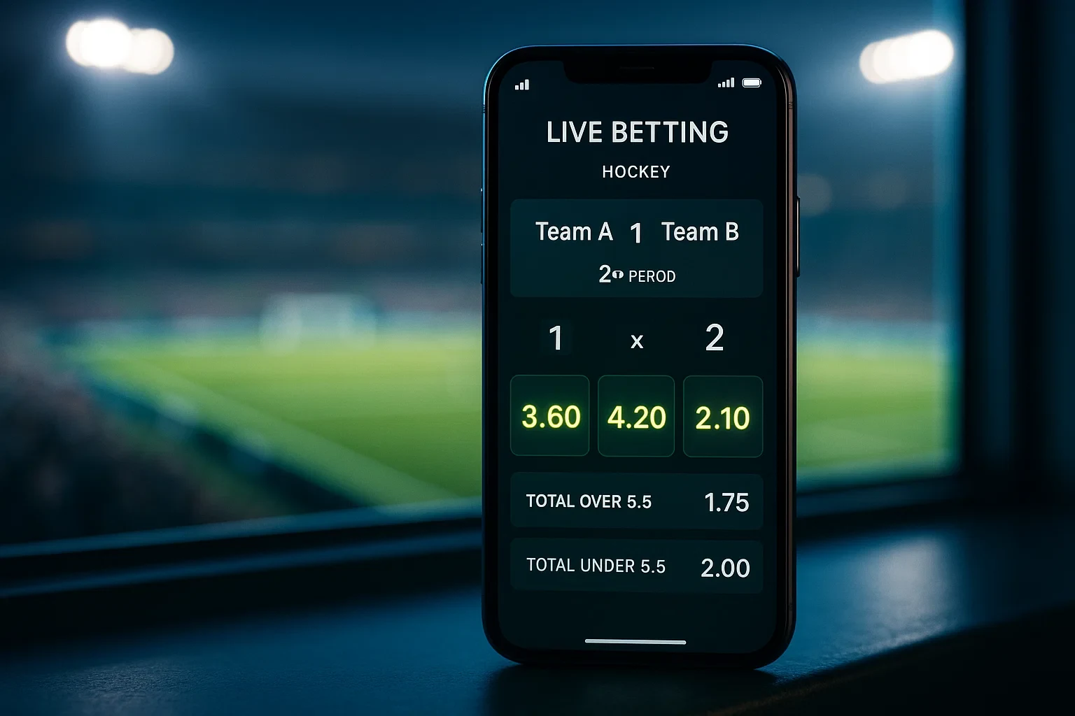 Smartphone met live wedden interface voor hockey met real-time statistieken