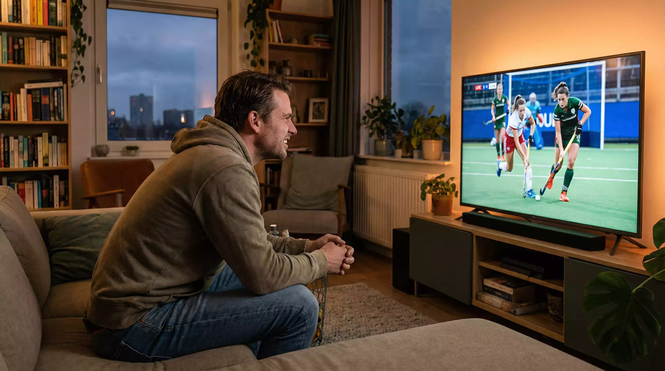 Persoon volgt hockeywedstrijd aandachtig