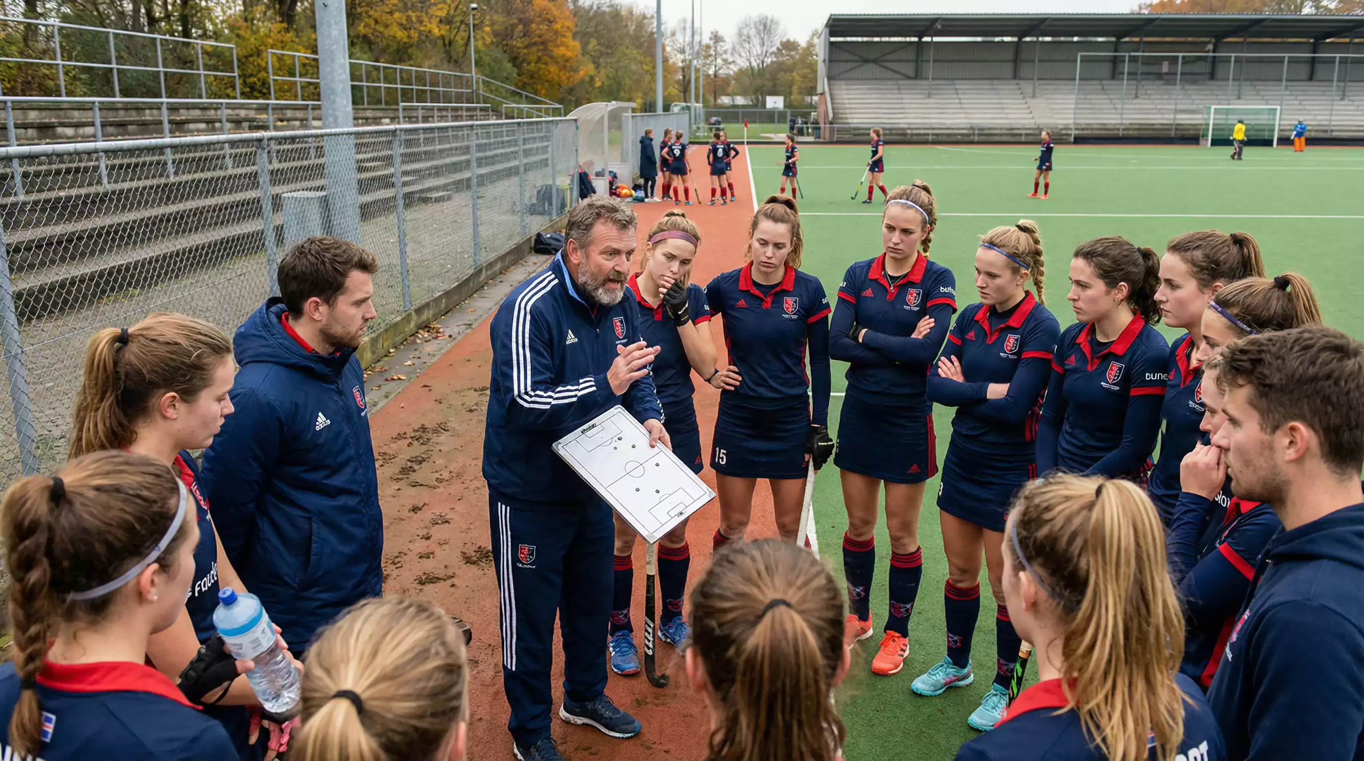 Coach en spelers tijdens tactische bespreking