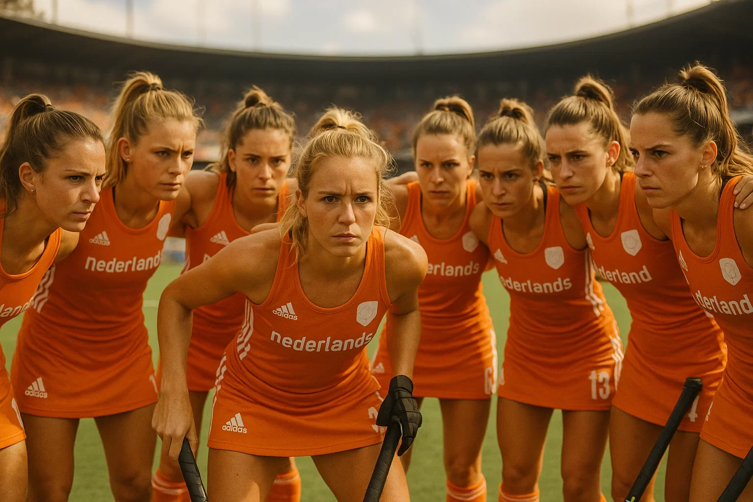 Nederlandse dames hockeyteam huddle voor de wedstrijd - teamspirit en vastberadenheid