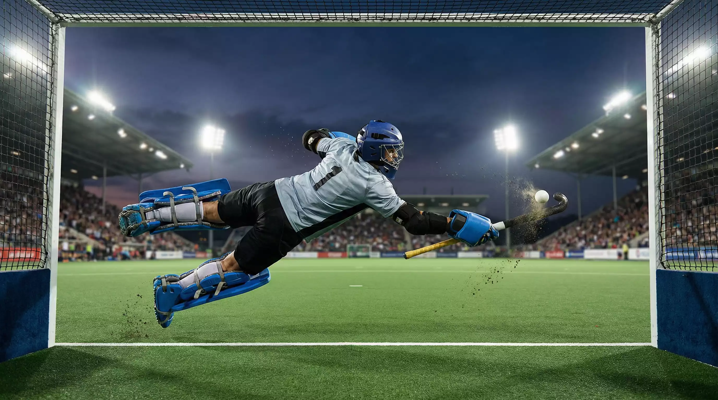 Nederlandse hockeykeeper in actie tijdens internationale wedstrijd