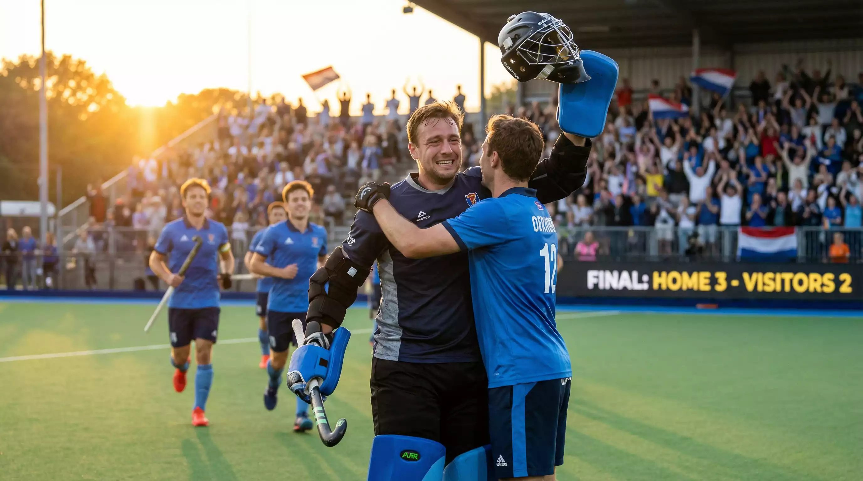 Hockeykeeper tijdens emotioneel moment na overwinning