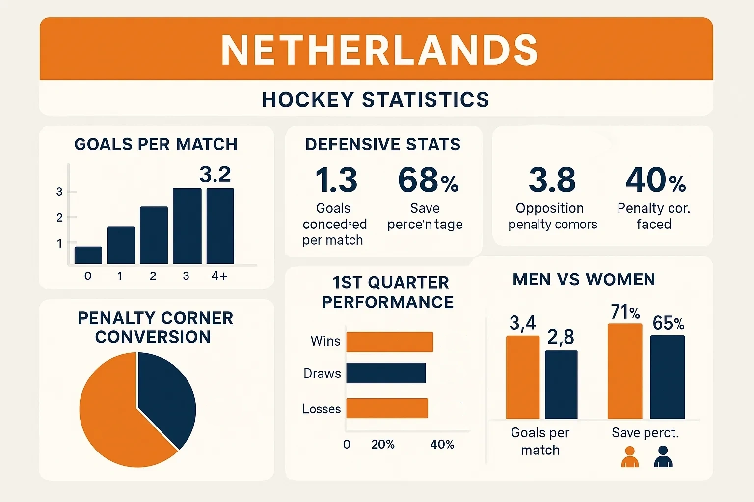 Statistieken Nederland hockey met doelpunten strafcorners en defensie cijfers